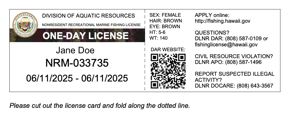 Hawaii Fishing License Example